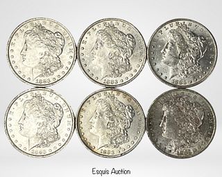 Six 1883-O US Silver Morgan Dollar Coins