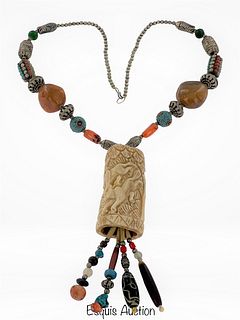 Exotic Carved  Stone Beaded Tribal Necklace