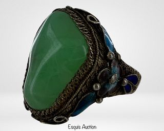 Vintage Oriental Sterling, Jade & Enamel Ring