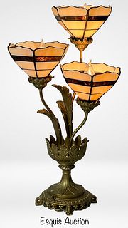 Art Nouveau Slag Stained Glass & Gilded Metal Lamp