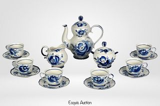 Gzhel Russian Porcelain Tea Set- Teapot & Cups