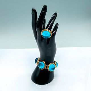 2pc Lalique Aqua Blue Crystal Cabochon Bracelet and 14K Gold Ring