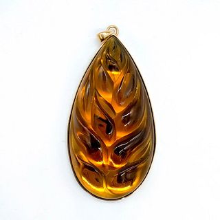Lalique Crystal Heliconia Amber Leaf Pendant