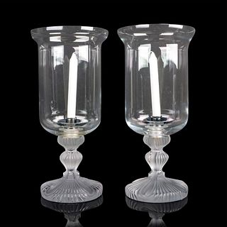 Pair of Lalique Crystal Hurricane Lamps, Saint Francois