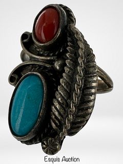 Native American Sterling Turquoise & Coral Ring
