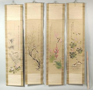 Group Four Asian Scrolls Depicting Birds & Flowers