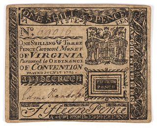 VIRGINIA COLONIAL CURRENCY RANDOLPH-SIGNED PISTEREEN NOTE