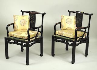 Pair Asian Carved Rosewood Armchairs