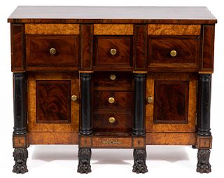 FINE AND RARE AMERICAN CLASSICAL BRASS-INLAID MAHOGANY, ROSEWOOD, AND FIGURED BIRDSEYE MAPLE MINIATURE SIDEBOARD 