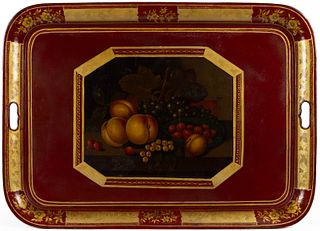 FINE FRENCH RED AND PARCEL-GILT TOLE-PEINTE TRAY