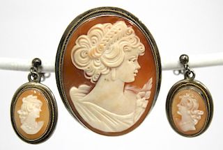 Sterling Silver & Shell Cameo Earring & Brooch Set