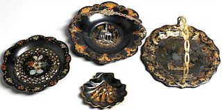 4 Asian Painted Black Lacquer Pieces