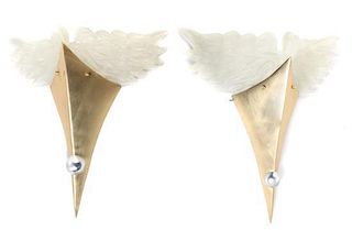A Pair of Gilt and Frosted Glass Sconces, Height 33 1/2 inches.