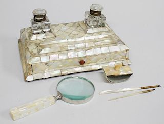 Victorian English Mother-of-Pearl Dual Inkstands