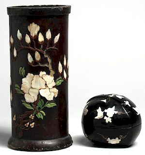2 Chinese Black Lacquer & Mother-of-Pearl Pieces