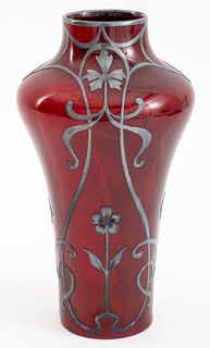 Art Nouveau Silver Overlay Red Glazed Ceramic Vase