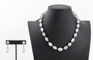 14K Yellow Gold Jade Necklace and Earrings Set
