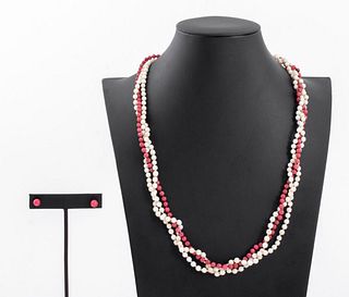 14K Coral Rodonite Necklace & Earrings Set