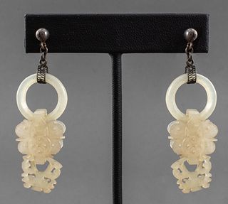 Chinese Carved White Jade Silver Earrings