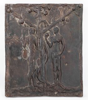German "Adam und Eva" Brutalist Bronze Relief