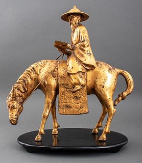 Japanese Gilt Cast Iron Scholar on Horse Sculpture