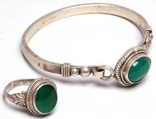 Sterling Silver & Chrysoprase Ring & Bracelet Set