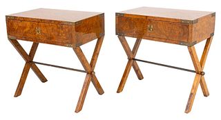 Campaign Style Brass Mounted Burlwood End Tables