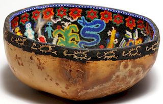 Huichol Mexico Gourd Bowl Beaded w. Shaman Symbols