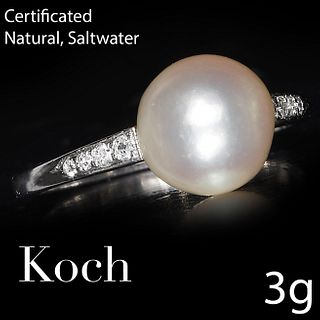 KOCH, CERTIFICATED NATURAL SALTWATER PEARL AND DIAMOND RING.