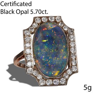 ART-DECO CERTIFICATED BLACK OPAL AND DIAMOND CLUSTER RING