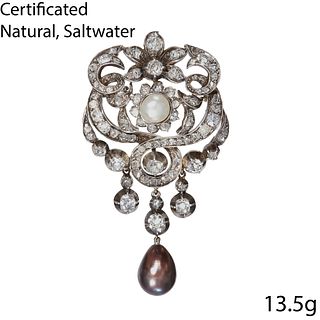 IMPORTANT CERTIFICATED NATURAL SALTWATER PEARLS AND DIAMOND BROOCH