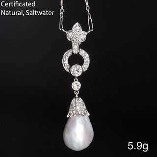 IMPRESSIVE LARGE CERTIFICATED NATURAL SALTWATER PEARL AND DIAMOND PENDANT NECKLACE