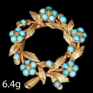 ANTIQUE GOLD TURQUOISE FLORAL BROOCH