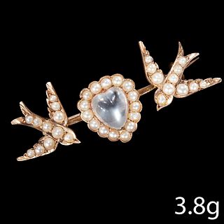 EDWARDIAN MOONSTONE AND PEARL SWALLOW BROOCH