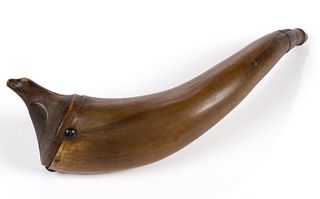 AMERICAN FIGURAL CARVED POWDER HORN