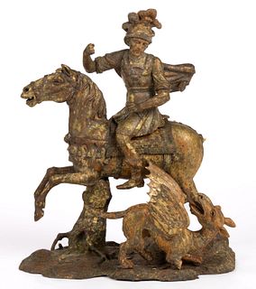 EUROPEAN CARVED AND GILDED SAINT GEORGE SLAYING THE DRAGON FIGURE