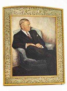 Chinese Jade Photo Frame, Oil Portrait Of Fred Fisher, From The Estate Of Fred And Bertha Fisher, Ca. 1920, H 17" W 13"