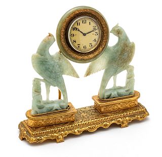 Green Jade And Gilt Metal, Jaeger Watch Co. Clock, Ca. 1900, H 8.5" L 9.25" Depth 3"