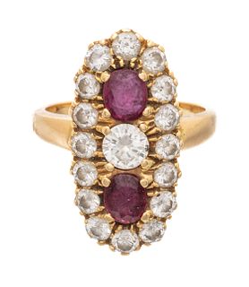 Ruby And Diamond Ring, 18K Yellow Gold Ca. 1950, 7g Size: 6
