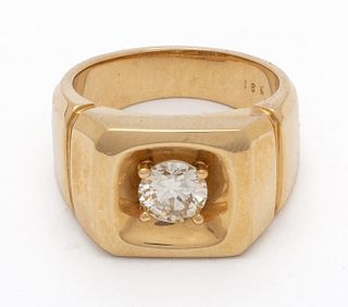 18Kt Yellow Gold And Diamond Solitaire Man's Ring, 20g Size: 8.75
