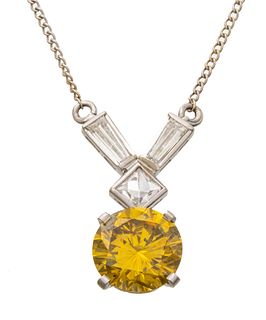 2.35ct Yellow Diamond Pendant, White Gold Chain Necklace, L 15"