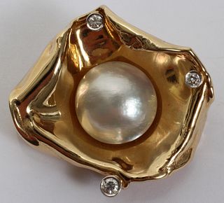 Mabe Pearl & Diamond Brooch, 14kt Yellow Gold, W 1.5" 23.3g