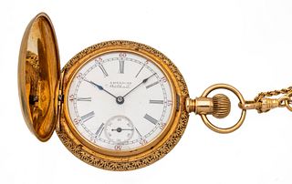 Waltham Watch Co. Ladies 14kt Gold Pocket Watch & 14kt Chain, Ca. 1900, H 2" W 1.5" 55g