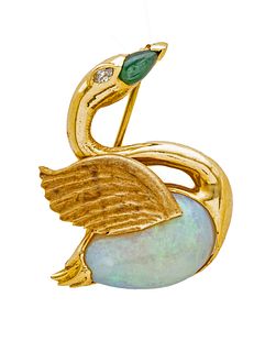 14kt Yellow Gold, Opal, Emerald And Diamond Swan Pin, H 1.5" 19g