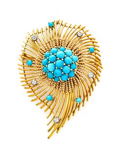 18kt Yellow Gold, Turquoise & Diamond Brooch, H 2.2" 20g