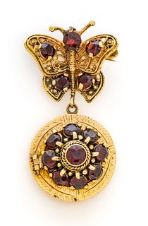 14kt Yellow Gold And Garnet Butterfly Brooch With Hinged Locket, Ca. 1940, 19g