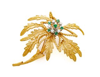 14K Gold, Diamond And Emerald Brooch, Poinsettia Form, H 2.7" 18.2g
