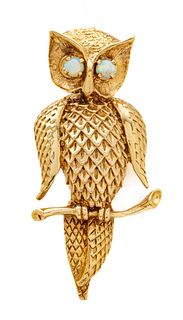 14kt Yellow Gold And Opal Eye Brooch, Perched Owl, H 2" 13.9g