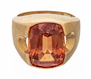 Pink - Orange Synthetic Sapphire And 14kt Yellow Gold Ring, 18.4g Size: 9