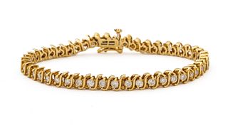 Diamond And 14Kt Yellow Gold Tennis Bracelet, L 7", 13 Grams